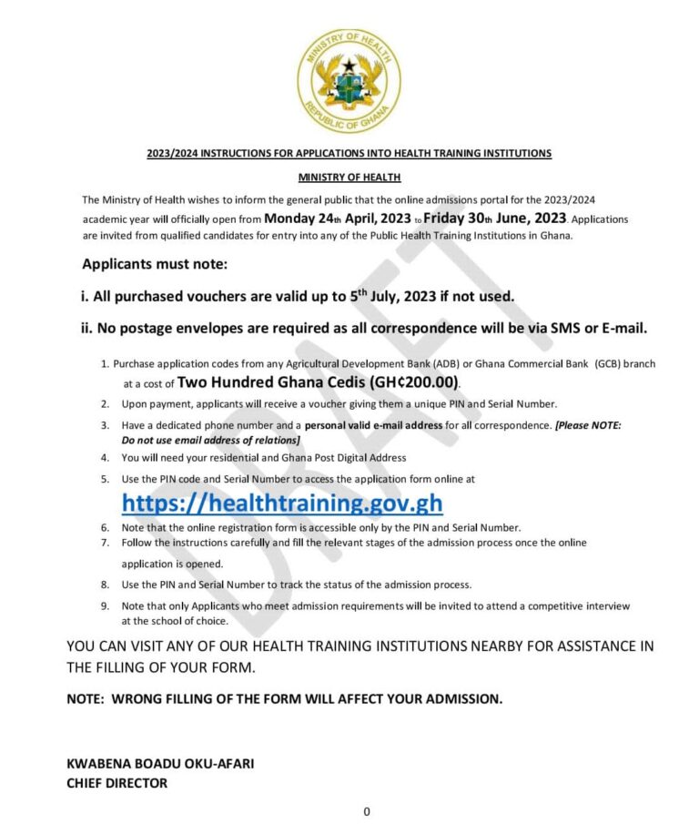 Ministry of Health Commences The Sale of 2023/2024 Admission Forms into Health Training Institutions.
