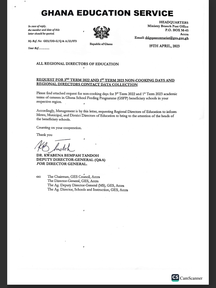 Press Release: GES Requests Data on Non Cooking Days for 2023 Academic Year.