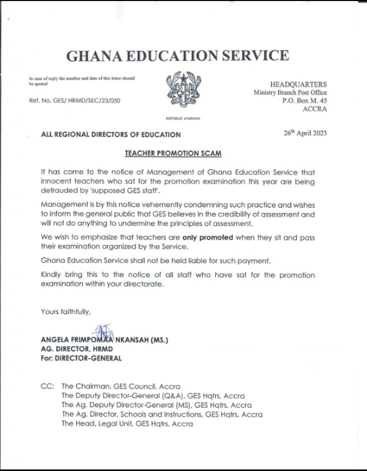 Ghana Education Service Updates on 2022/2023 Teacher Promotion.