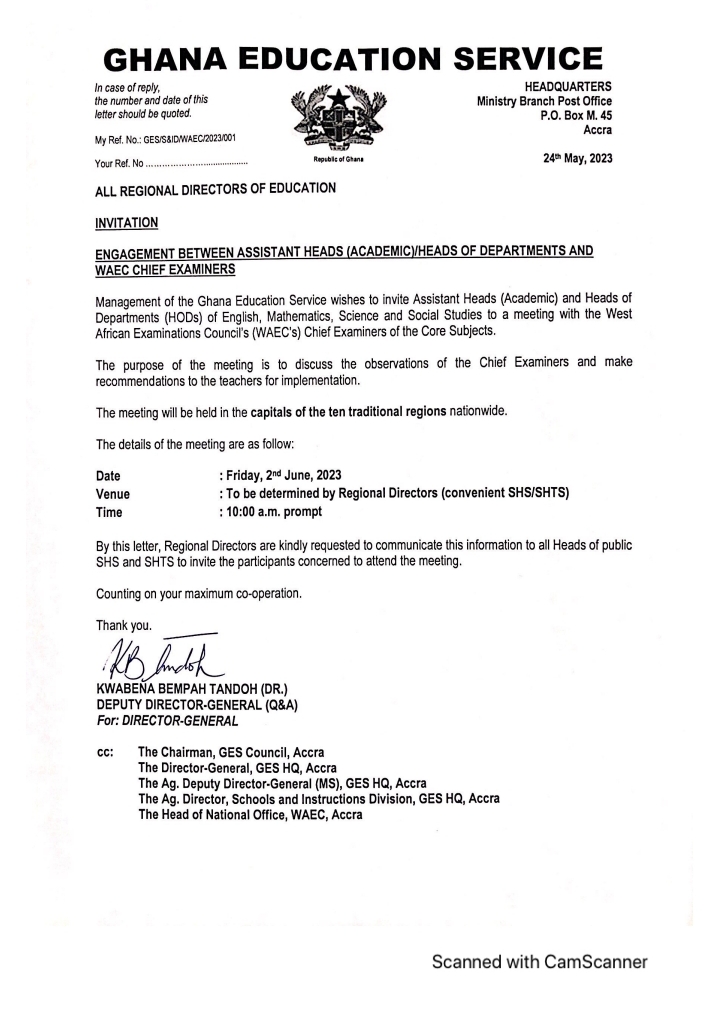 Ghana Education Service & West African Examinations Council Directs all teachers to a Compulsory meeting with Chief Examiners in All their respective Regions.
